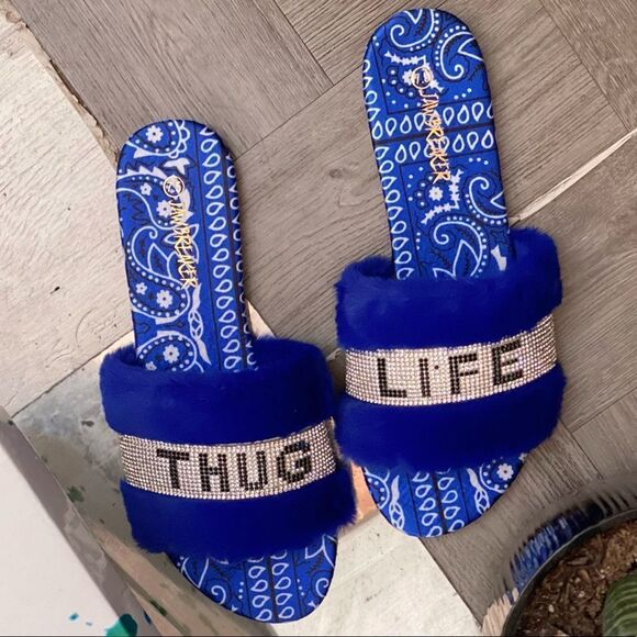 THUG LIFE Faux Fur Blue Bandana Slide - Picture 7 of 12